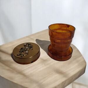 Vintage Amber Color Collapsible Travel Cup & Pill Holder W Faux Pearl Detail